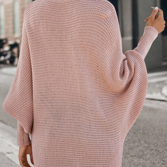 Pink Casual Womens Solid Batwing Sleeve V Neck Sweater - Picture 2 of 5